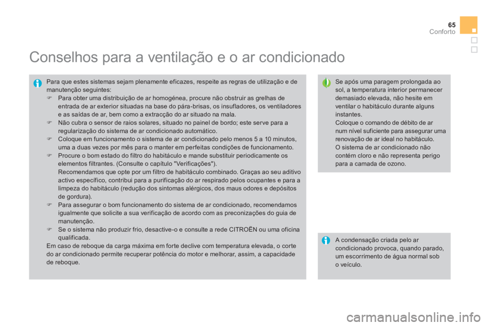 CITROEN DS3 2011  Manual do condutor (in Portuguese) 65Conforto
   
 
 
 
 
 
 
 
 
 
 
Conselhos para a ventilação e o ar condicionado 
 
 
Se após uma paragem prolongada ao 
sol, a temperatura interior permanecer 
demasiado elevada, não hesite em 