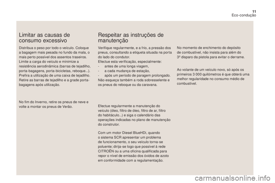 CITROEN DS4 2017 Manual do condutor (in Portuguese) 11
DS4_pt_Chap00c_eco-conduite_ed01-2016
Limitar as causas de
consumo excessivo
Distribua o peso por todo o veículo. Coloque
a bagagem mais pesada no fundo da mala, o
mais perto possível dos asse CITROEN DS4 2017 Manual do condutor (in Portuguese) 11
DS4_pt_Chap00c_eco-conduite_ed01-2016
Limitar as causas de
consumo excessivo
Distribua o peso por todo o veículo. Coloque
a bagagem mais pesada no fundo da mala, o
mais perto possível dos asse