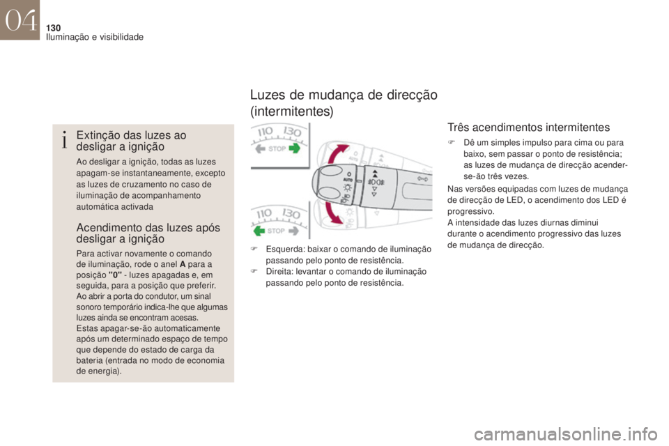 CITROEN DS4 2017 Manual do condutor (in Portuguese) 130
DS4_pt_Chap04_eclairage-et-visibilite_ed01-2016
Extinção das luzes ao
desligar a ignição
Ao desligar a ignição, todas as luzes
apagam-se instantaneamente, excepto
as luzes de cruzamento n CITROEN DS4 2017 Manual do condutor (in Portuguese) 130
DS4_pt_Chap04_eclairage-et-visibilite_ed01-2016
Extinção das luzes ao
desligar a ignição
Ao desligar a ignição, todas as luzes
apagam-se instantaneamente, excepto
as luzes de cruzamento n