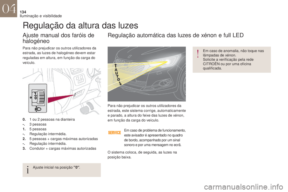 CITROEN DS4 2017 Manual do condutor (in Portuguese) 134
DS4_pt_Chap04_eclairage-et-visibilite_ed01-2016
Regulação automática das luzes de xénon e full LED
Em caso de anomalia, não toque nas
lâmpadas de xénon.
Solicite a verificação pela rede CITROEN DS4 2017 Manual do condutor (in Portuguese) 134
DS4_pt_Chap04_eclairage-et-visibilite_ed01-2016
Regulação automática das luzes de xénon e full LED
Em caso de anomalia, não toque nas
lâmpadas de xénon.
Solicite a verificação pela rede