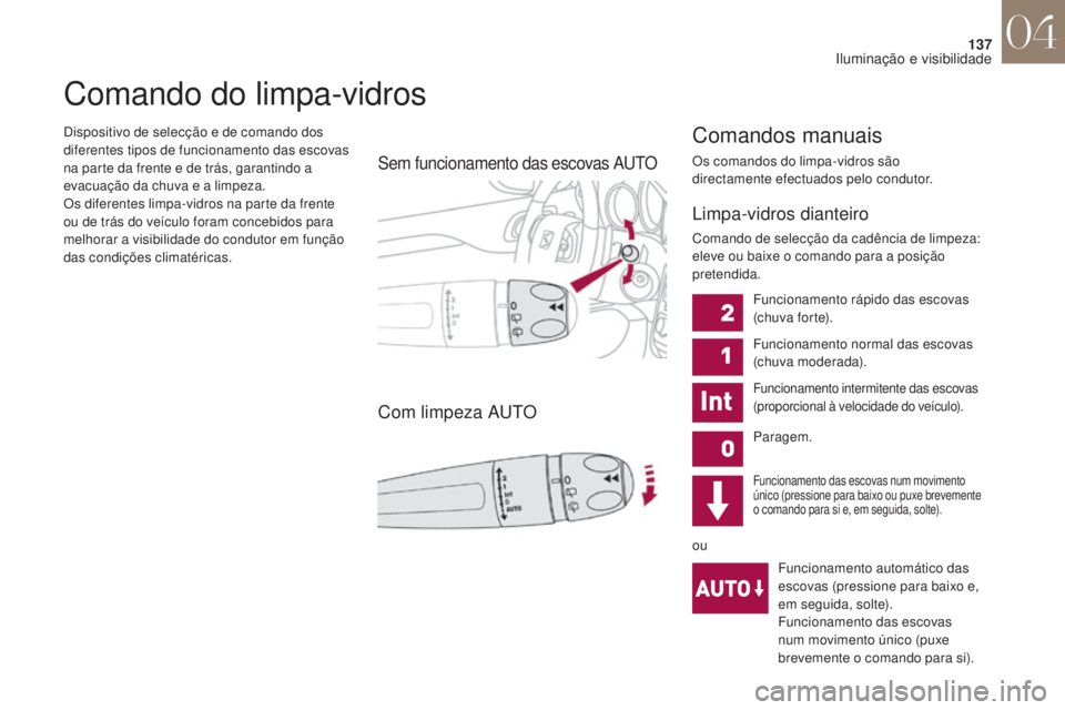 CITROEN DS4 2017 Manual do condutor (in Portuguese) 137
DS4_pt_Chap04_eclairage-et-visibilite_ed01-2016
Dispositivo de selecção e de comando dos
diferentes tipos de funcionamento das escovas
na parte da frente e de trás, garantindo a
evacuação CITROEN DS4 2017 Manual do condutor (in Portuguese) 137
DS4_pt_Chap04_eclairage-et-visibilite_ed01-2016
Dispositivo de selecção e de comando dos
diferentes tipos de funcionamento das escovas
na parte da frente e de trás, garantindo a
evacuação