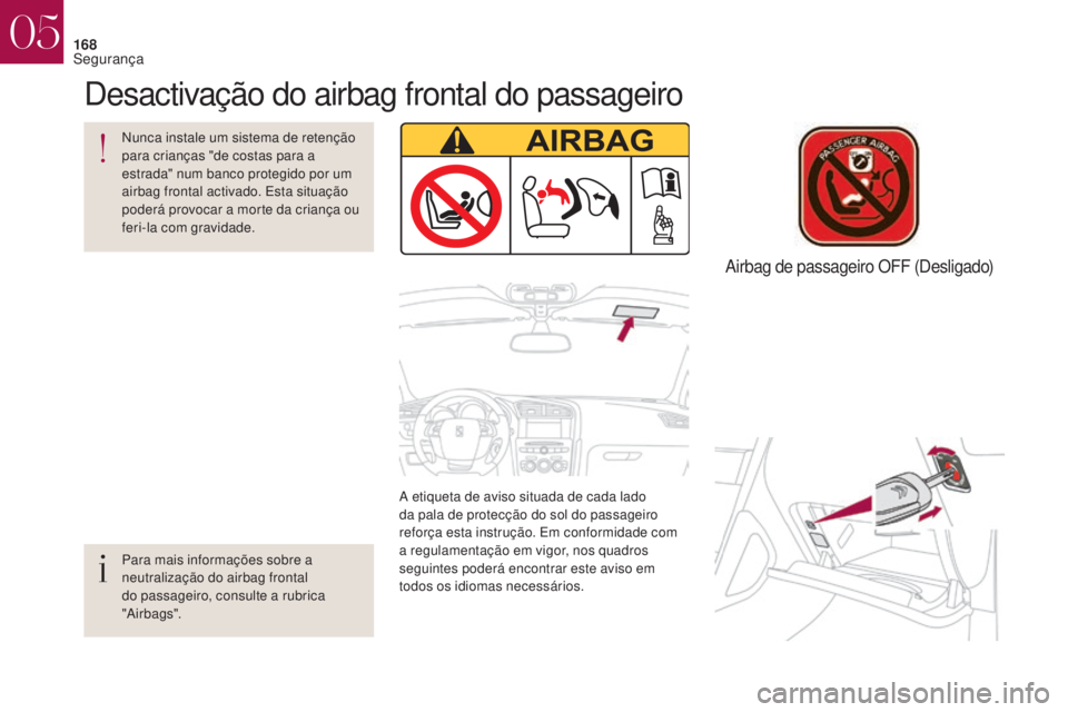 CITROEN DS4 2017  Manual do condutor (in Portuguese) 168
A etiqueta de aviso situada de cada lado 
da pala de protecção do sol do passageiro 
reforça esta instrução. Em conformidade com 
a regulamentação em vigor, nos quadros 
seguintes poderá e