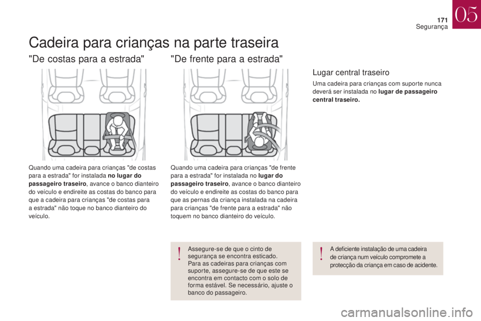 CITROEN DS4 2017  Manual do condutor (in Portuguese) 171
DS4_pt_Chap05_securite_ed01-2016
DS4_pt_Chap05_securite_ed01-2016
Cadeira para crianças na parte traseira
"De costas para a estrada"
Quando uma cadeira para crianças "de costas 
para