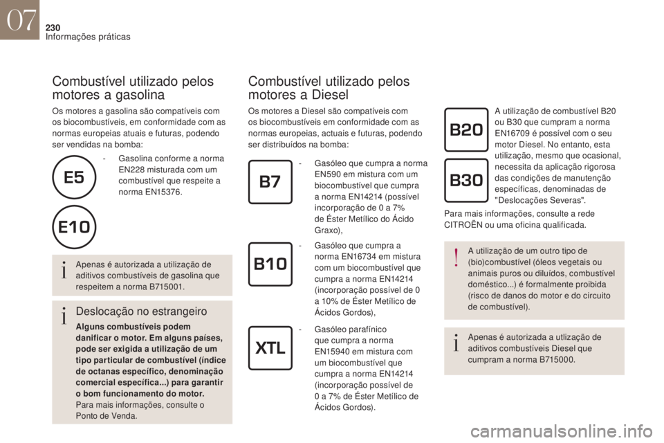 CITROEN DS4 2017 Manual do condutor (in Portuguese) 230
Combustível utilizado pelos
motores a gasolina
Os motores a gasolina são compatíveis com
os biocombustíveis, em conformidade com as
normas europeias atuais e futuras, podendo
ser vendidas CITROEN DS4 2017 Manual do condutor (in Portuguese) 230
Combustível utilizado pelos
motores a gasolina
Os motores a gasolina são compatíveis com
os biocombustíveis, em conformidade com as
normas europeias atuais e futuras, podendo
ser vendidas