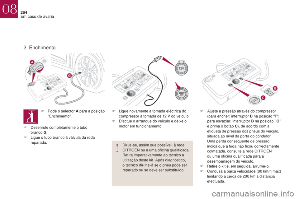 CITROEN DS4 2017 Manual do condutor (in Portuguese) 264
DS4_pt_Chap08_en-cas-de-panne_ed01-2016
2. Enchimento
F Ajuste a pressão através do compressor (para encher: interruptor B na posição "l" ;
para esvaziar: interruptor B na posição
CITROEN DS4 2017 Manual do condutor (in Portuguese) 264
DS4_pt_Chap08_en-cas-de-panne_ed01-2016
2. Enchimento
F Ajuste a pressão através do compressor (para encher: interruptor B na posição "l" ;
para esvaziar: interruptor B na posição