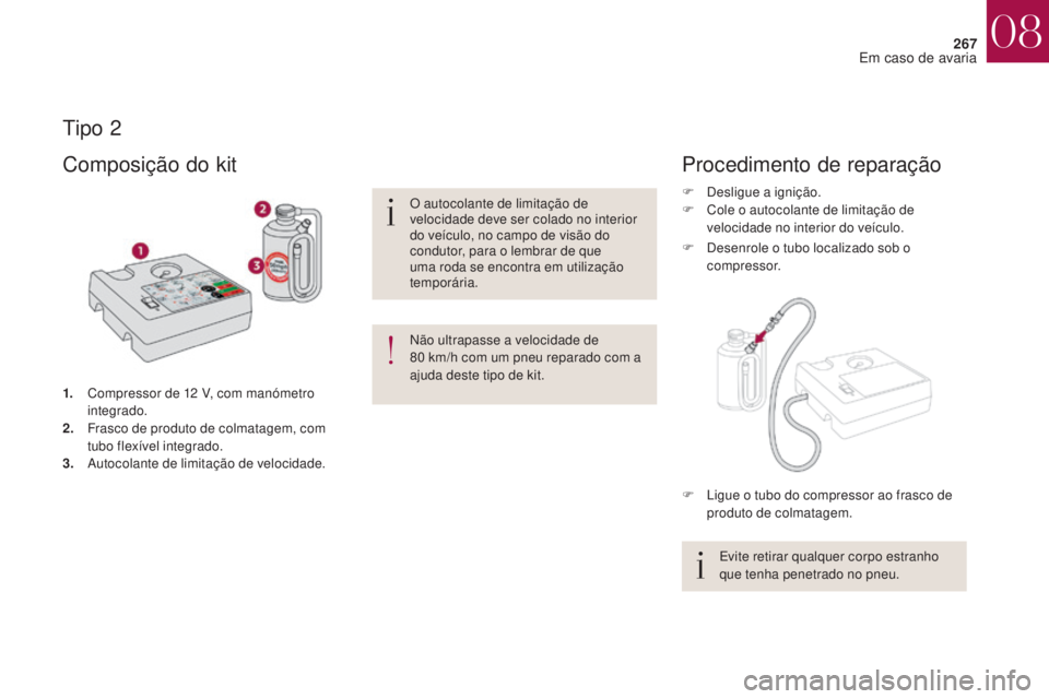 CITROEN DS4 2017 Manual do condutor (in Portuguese) 267
DS4_pt_Chap08_en-cas-de-panne_ed01-2016
Tipo 2
1. Compressor de 12 V, com manómetro integrado.
2.
F
rasco de produto de colmatagem, com
tubo flexível integrado.
3.
A
utocolante de limitaç CITROEN DS4 2017 Manual do condutor (in Portuguese) 267
DS4_pt_Chap08_en-cas-de-panne_ed01-2016
Tipo 2
1. Compressor de 12 V, com manómetro integrado.
2.
F
rasco de produto de colmatagem, com
tubo flexível integrado.
3.
A
utocolante de limitaç