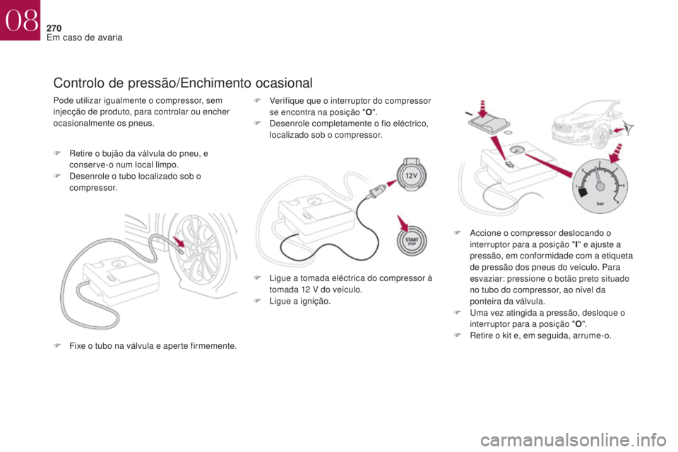 CITROEN DS4 2017 Manual do condutor (in Portuguese) 270
DS4_pt_Chap08_en-cas-de-panne_ed01-2016
Controlo de pressão/Enchimento ocasional
Pode utilizar igualmente o compressor, sem
injecção de produto, para controlar ou encher
ocasionalmente os pne CITROEN DS4 2017 Manual do condutor (in Portuguese) 270
DS4_pt_Chap08_en-cas-de-panne_ed01-2016
Controlo de pressão/Enchimento ocasional
Pode utilizar igualmente o compressor, sem
injecção de produto, para controlar ou encher
ocasionalmente os pne