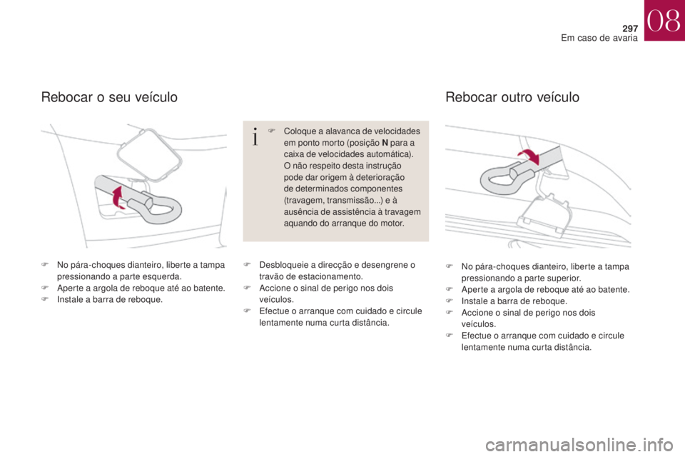 CITROEN DS4 2017 Manual do condutor (in Portuguese) 297
DS4_pt_Chap08_en-cas-de-panne_ed01-2016
F No pára-choques dianteiro, liberte a tampa pressionando a parte esquerda.
F
A
perte a argola de reboque até ao batente.
F
I
nstale a barra de rebo CITROEN DS4 2017 Manual do condutor (in Portuguese) 297
DS4_pt_Chap08_en-cas-de-panne_ed01-2016
F No pára-choques dianteiro, liberte a tampa pressionando a parte esquerda.
F
A
perte a argola de reboque até ao batente.
F
I
nstale a barra de rebo