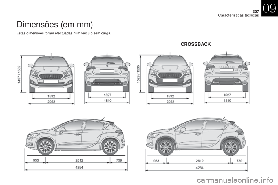 CITROEN DS4 2017  Manual do condutor (in Portuguese) 307
DS4_pt_Chap09_caracteristiques_ed01-2016
Dimensões (em mm)
Estas dimensões foram efectuadas num veículo sem carga.
CROSSBACK
09 
Características técnicas  