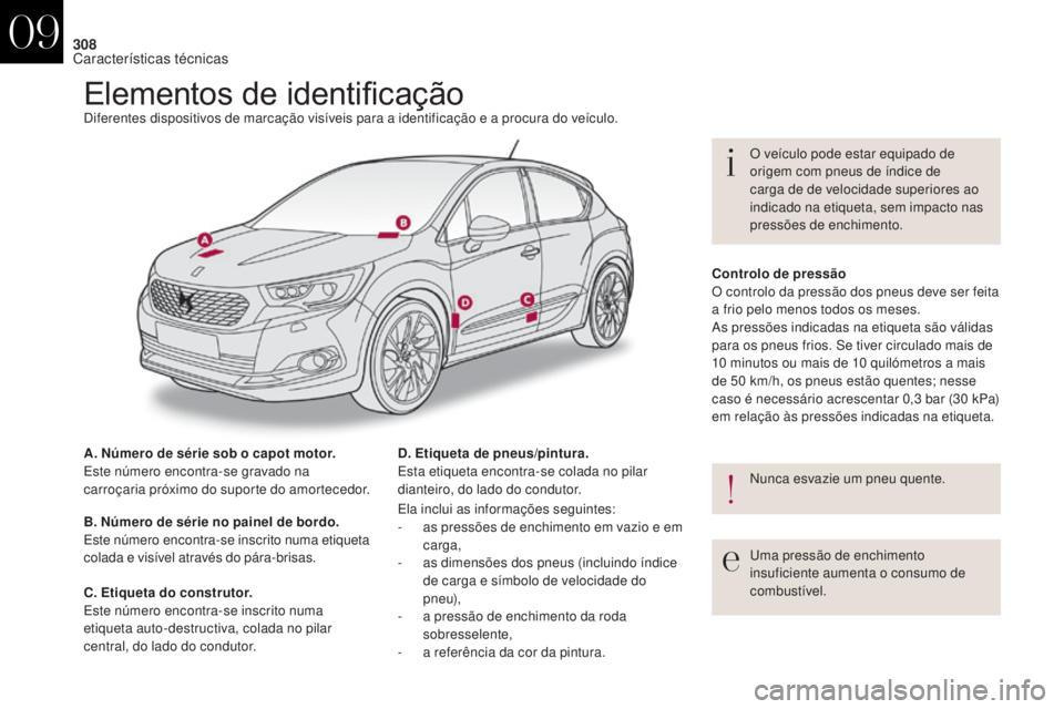 CITROEN DS4 2017  Manual do condutor (in Portuguese) 308
DS4_pt_Chap09_caracteristiques_ed01-2016
Elementos de identificaçãoDiferentes dispositivos de marcação visíveis para a identificação e a procura do veículo.
A. Número de série sob o capo
