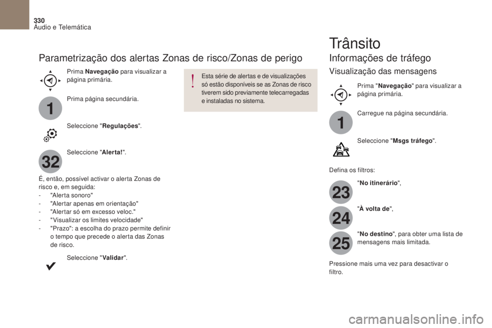 CITROEN DS4 2017  Manual do condutor (in Portuguese) 1
1
23
24
25
32
330
DS4_pt_Chap10b_SMEgplus_ed01-2016
Parametrização dos alertas Zonas de risco/Zonas de perigo
Prima Navegação para visualizar a 
página primária.
Prima página secundária.
Sel