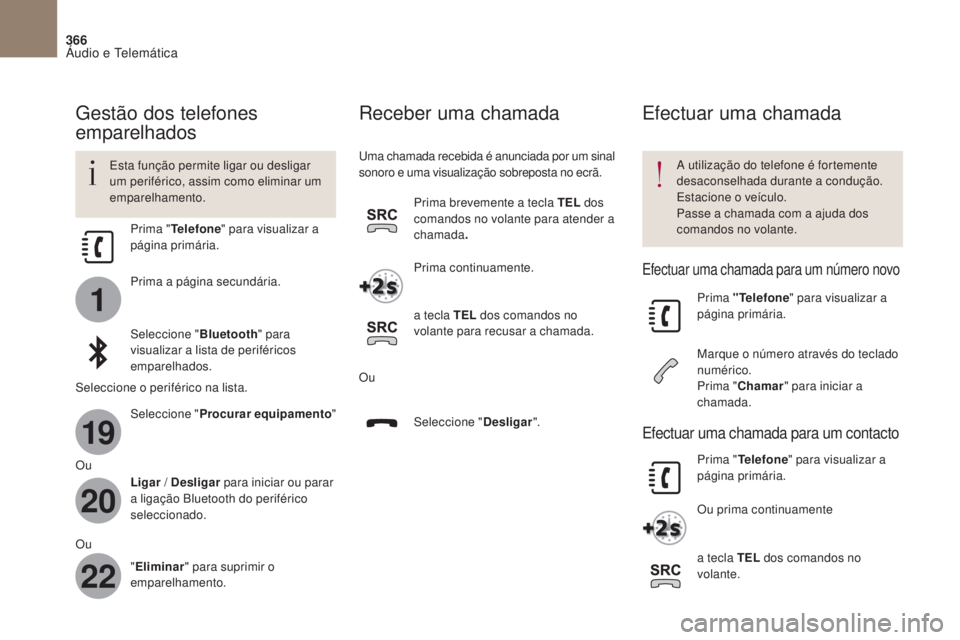 CITROEN DS4 2017 Manual do condutor (in Portuguese) 1
19
20
22
366
DS4_pt_Chap10b_SMEgplus_ed01-2016
gestão dos telefones
emparelhados
Esta função permite ligar ou desligar
um periférico, assim como eliminar um
emparelhamento.A utilização do t CITROEN DS4 2017 Manual do condutor (in Portuguese) 1
19
20
22
366
DS4_pt_Chap10b_SMEgplus_ed01-2016
gestão dos telefones
emparelhados
Esta função permite ligar ou desligar
um periférico, assim como eliminar um
emparelhamento.A utilização do t