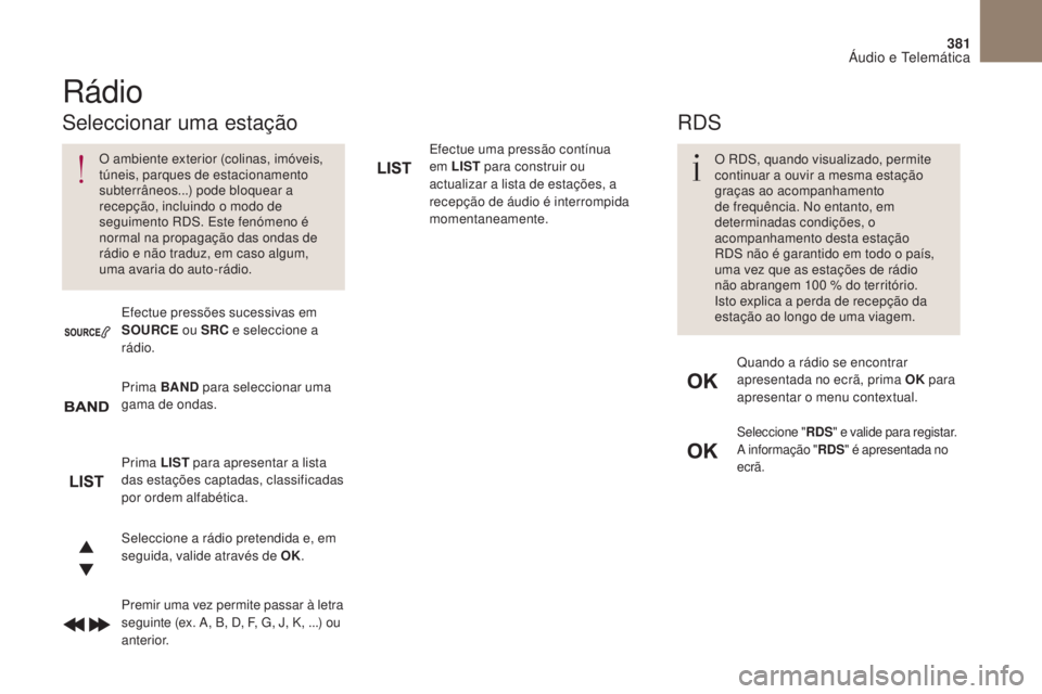 CITROEN DS4 2017 Manual do condutor (in Portuguese) 381
DS4_ pt _Chap10c _ RD5 _ed01-2016
Efectue uma pressão contínua
em LIST para construir ou
actualizar a lista de estações, a
recepção de áudio é interrompida
momentaneamente.
Seleccione CITROEN DS4 2017 Manual do condutor (in Portuguese) 381
DS4_ pt _Chap10c _ RD5 _ed01-2016
Efectue uma pressão contínua
em LIST para construir ou
actualizar a lista de estações, a
recepção de áudio é interrompida
momentaneamente.
Seleccione