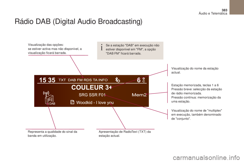 CITROEN DS4 2017 Manual do condutor (in Portuguese) 383
DS4_ pt _Chap10c _ RD5 _ed01-2016
Rádio DAB (Digital Audio Broadcasting)
Visualização das opções:
se estiver activa mas não disponível, a
visualização ficará barrada.Estação memorizad CITROEN DS4 2017 Manual do condutor (in Portuguese) 383
DS4_ pt _Chap10c _ RD5 _ed01-2016
Rádio DAB (Digital Audio Broadcasting)
Visualização das opções:
se estiver activa mas não disponível, a
visualização ficará barrada.Estação memorizad