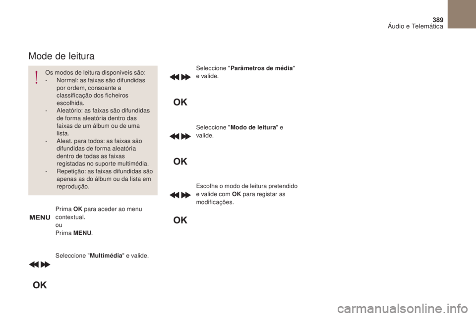 CITROEN DS4 2017 Manual do condutor (in Portuguese) 389
DS4_ pt _Chap10c _ RD5 _ed01-2016
Seleccione "Multimédia" e valide. Seleccione "
Parâmetros de média "
e valide.
Seleccione " Modo de leitura " e
valide.
Escolha o mod CITROEN DS4 2017 Manual do condutor (in Portuguese) 389
DS4_ pt _Chap10c _ RD5 _ed01-2016
Seleccione "Multimédia" e valide. Seleccione "
Parâmetros de média "
e valide.
Seleccione " Modo de leitura " e
valide.
Escolha o mod