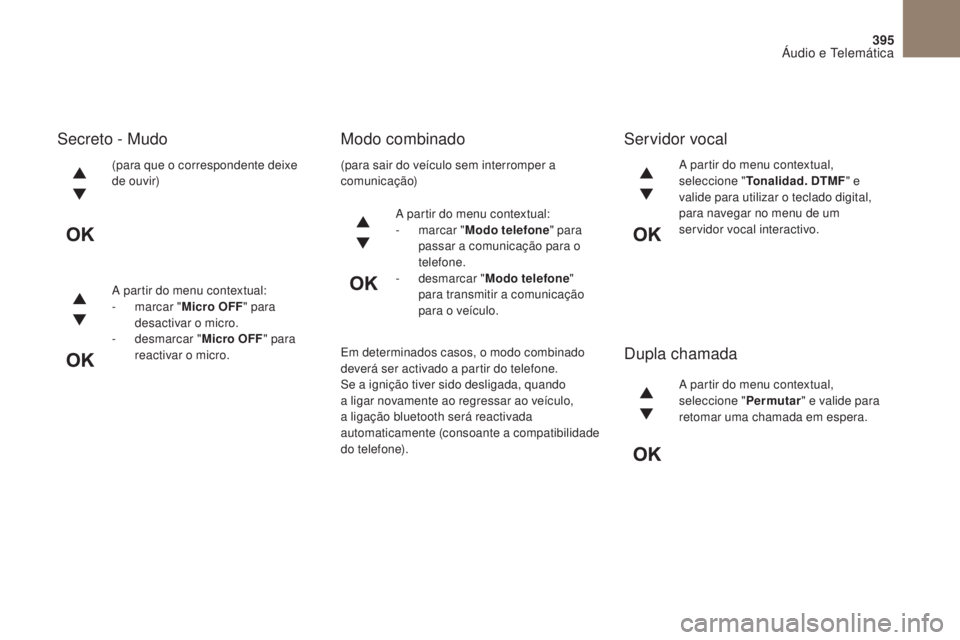 CITROEN DS4 2017 Manual do condutor (in Portuguese) 395
DS4_ pt _Chap10c _ RD5 _ed01-2016
(para que o correspondente deixe
de ouvir)
A partir do menu contextual:
-
m
arcar " Micro OFF " para
desactivar o micro.
-
d
esmarcar " Micro OF CITROEN DS4 2017 Manual do condutor (in Portuguese) 395
DS4_ pt _Chap10c _ RD5 _ed01-2016
(para que o correspondente deixe
de ouvir)
A partir do menu contextual:
-
m
arcar " Micro OFF " para
desactivar o micro.
-
d
esmarcar " Micro OF