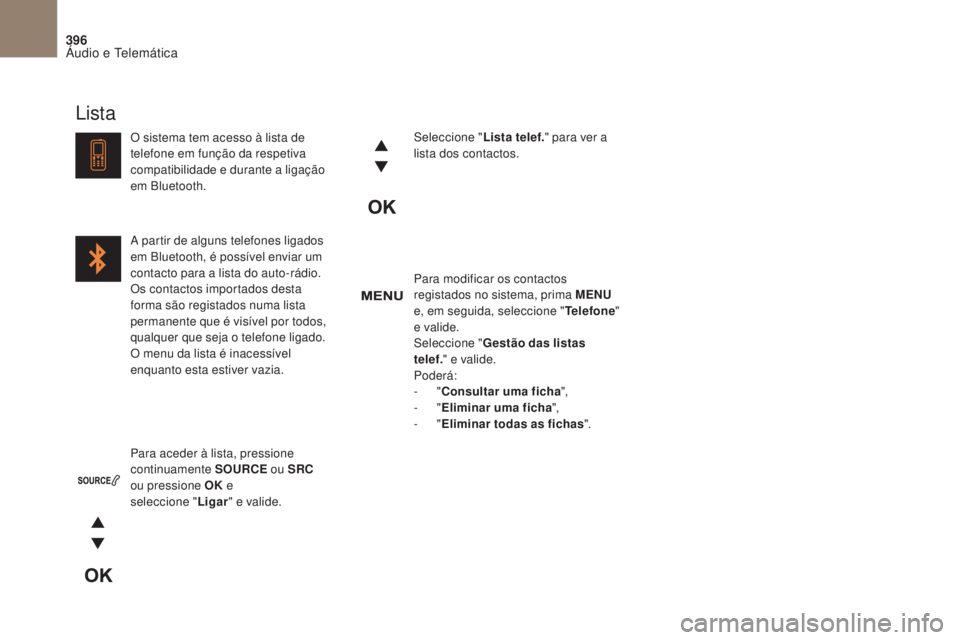 CITROEN DS4 2017 Manual do condutor (in Portuguese) 396
DS4_ pt _Chap10c _ RD5 _ed01-2016
Para modificar os contactos
registados no sistema, prima MENU
e, em seguida, seleccione " Telefone"
e valide.
Seleccione " Gestão das listas
tele CITROEN DS4 2017 Manual do condutor (in Portuguese) 396
DS4_ pt _Chap10c _ RD5 _ed01-2016
Para modificar os contactos
registados no sistema, prima MENU
e, em seguida, seleccione " Telefone"
e valide.
Seleccione " Gestão das listas
tele
