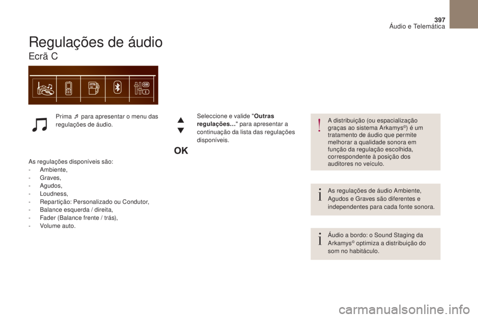 CITROEN DS4 2017 Manual do condutor (in Portuguese) 397
DS4_ pt _Chap10c _ RD5 _ed01-2016
As regulações de áudio Ambiente,
Agudos e gr aves são diferentes e
independentes para cada fonte sonora.
Áudio a bordo: o Sound Staging da
Arkamys
© opti CITROEN DS4 2017 Manual do condutor (in Portuguese) 397
DS4_ pt _Chap10c _ RD5 _ed01-2016
As regulações de áudio Ambiente,
Agudos e gr aves são diferentes e
independentes para cada fonte sonora.
Áudio a bordo: o Sound Staging da
Arkamys
© opti