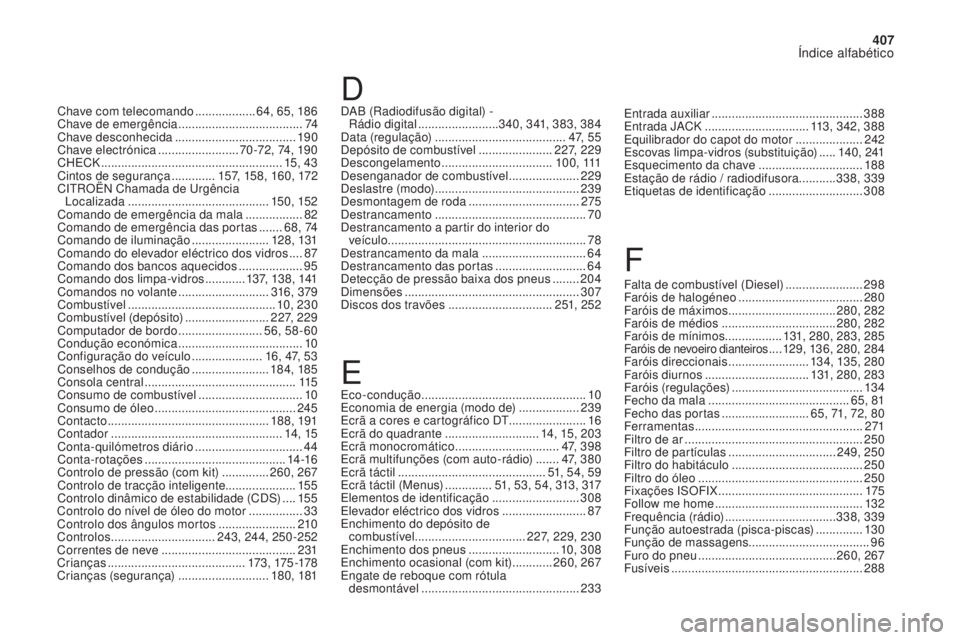 CITROEN DS4 2017 Manual do condutor (in Portuguese) 407
Índice alfabético
DS4_pt_Chap11_index-alpha_ed01-2016
Chave com telecomando ..................64, 65, 186
Chave de emergência ..................................... 74
Chave desconhecida
.. CITROEN DS4 2017 Manual do condutor (in Portuguese) 407
Índice alfabético
DS4_pt_Chap11_index-alpha_ed01-2016
Chave com telecomando ..................64, 65, 186
Chave de emergência ..................................... 74
Chave desconhecida
..
