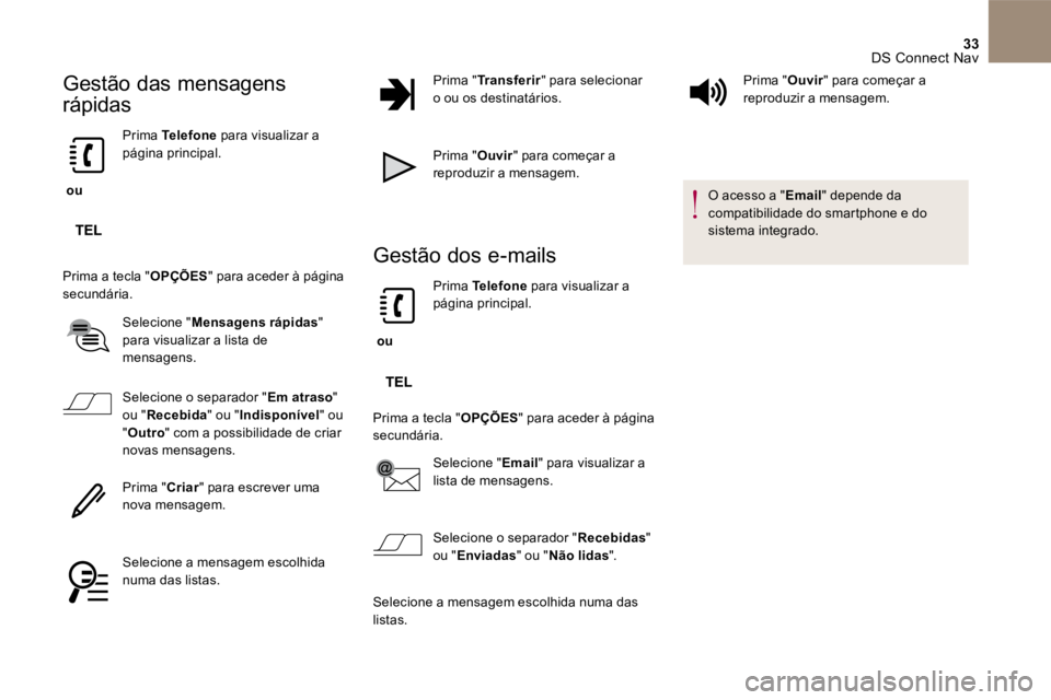 CITROEN DS4 2017 Manual do condutor (in Portuguese) 33 DS Connect Nav
Gestão das mensagens
rápidas
ou
Prima Telefone para visualizar a página principal.
Prima a tecla " OPÇÕES " para aceder à página secundária.
Selecio CITROEN DS4 2017 Manual do condutor (in Portuguese) 33 DS Connect Nav
Gestão das mensagens
rápidas
ou
Prima Telefone para visualizar a página principal.
Prima a tecla " OPÇÕES " para aceder à página secundária.
Selecio
