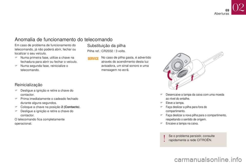 CITROEN DS4 2017 Manual do condutor (in Portuguese) 69
DS4_pt_Chap02_ouvertures_ed01-2016
Em caso de problema de funcionamento do
telecomando, já não poderá abrir, fechar ou
localizar o seu veículo.
F
N
uma primeira fase, utilize a chave na
fe CITROEN DS4 2017 Manual do condutor (in Portuguese) 69
DS4_pt_Chap02_ouvertures_ed01-2016
Em caso de problema de funcionamento do
telecomando, já não poderá abrir, fechar ou
localizar o seu veículo.
F
N
uma primeira fase, utilize a chave na
fe