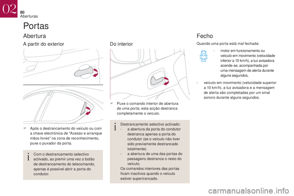 CITROEN DS4 2017 Manual do condutor (in Portuguese) 80
DS4_pt_Chap02_ouvertures_ed01-2016
Por tas
Abertura
F Após o destrancamento do veÃculo ou com a chave electrónica de "Acesso e arranque
mãos livres" na zona de reconhecimento,
puxe o CITROEN DS4 2017 Manual do condutor (in Portuguese) 80
DS4_pt_Chap02_ouvertures_ed01-2016
Por tas
Abertura
F Após o destrancamento do veÃculo ou com a chave electrónica de "Acesso e arranque
mãos livres" na zona de reconhecimento,
puxe o