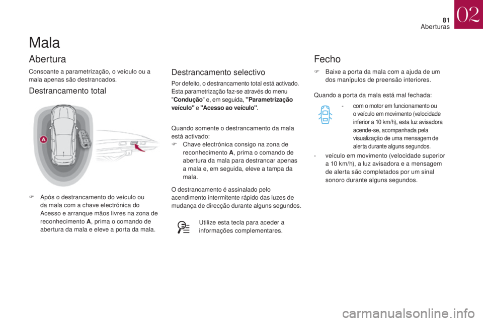 CITROEN DS4 2017 Manual do condutor (in Portuguese) 81
DS4_pt_Chap02_ouvertures_ed01-2016
Mala
Consoante a parametrização, o veÃculo ou a
mala apenas são destrancados.Destrancamento selectivo
Por defeito, o destrancamento total está activado.
Est CITROEN DS4 2017 Manual do condutor (in Portuguese) 81
DS4_pt_Chap02_ouvertures_ed01-2016
Mala
Consoante a parametrização, o veÃculo ou a
mala apenas são destrancados.Destrancamento selectivo
Por defeito, o destrancamento total está activado.
Est