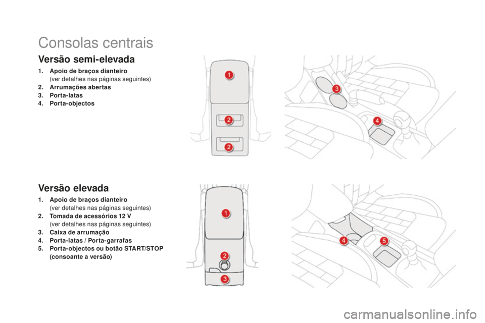 CITROEN DS4 2016  Manual do condutor (in Portuguese) DS4_pt_Chap04_amenagement_ed03-2015
Versão semi-elevada
1. Apoio de braços dianteiro  (
ver detalhes nas páginas seguintes)
2.
 A

rrumações abertas
3.
  po

rta-latas
4.
  po

rta-objectos
Vers