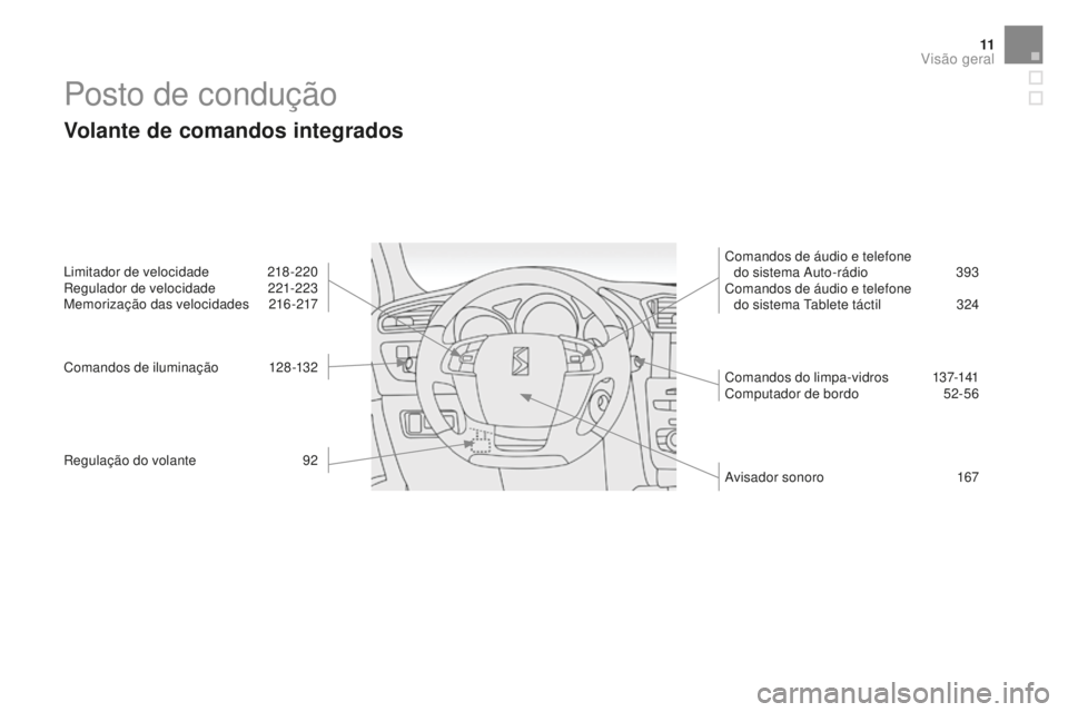 CITROEN DS4 2016 Manual do condutor (in Portuguese) 11
DS4_pt_Chap00b_vue-ensemble_ed03-2015
Posto de condução
Volante de comandos integrados
Limitador de velocidade 218 -220
Regulador de velocidade 2 21-223
Memorização das velocidades
2
16-217
C CITROEN DS4 2016 Manual do condutor (in Portuguese) 11
DS4_pt_Chap00b_vue-ensemble_ed03-2015
Posto de condução
Volante de comandos integrados
Limitador de velocidade 218 -220
Regulador de velocidade 2 21-223
Memorização das velocidades
2
16-217
C
