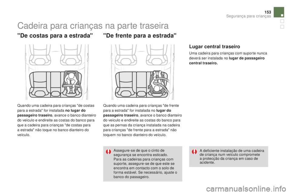 CITROEN DS4 2016  Manual do condutor (in Portuguese) 153
DS4_pt_Chap06_securite enfants_ed03-2015
Cadeira para crianças na parte traseira
"de costas para a estrada"
Quando uma cadeira para crianças "de costas 
para a estrada" for insta
