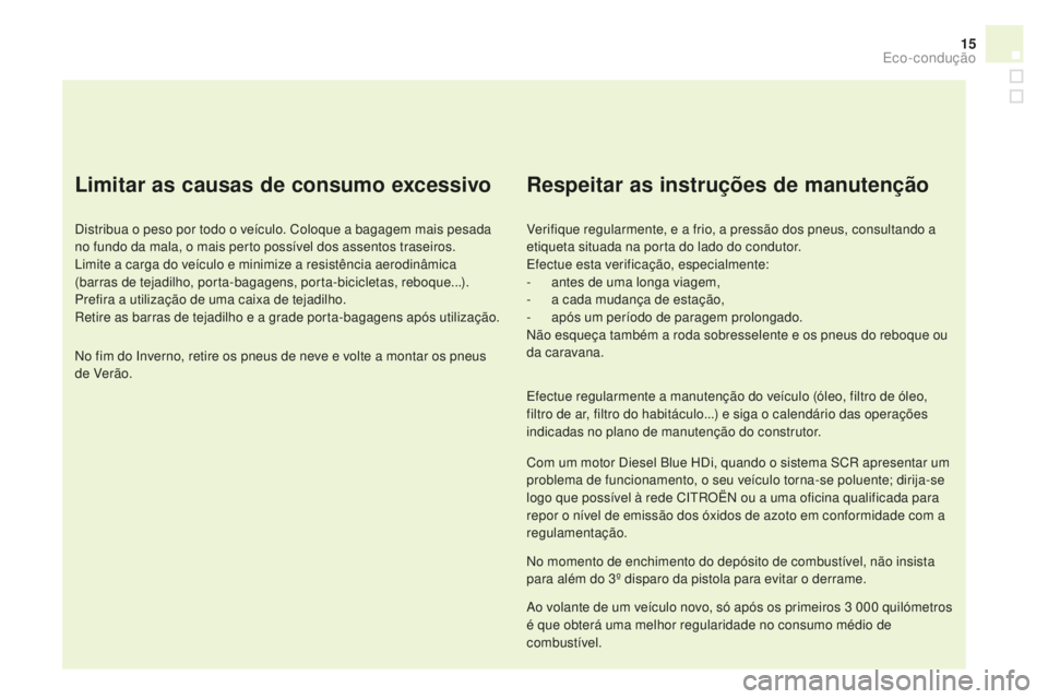 CITROEN DS4 2016 Manual do condutor (in Portuguese) 15
DS4_pt_Chap00c_eco-conduite_ed03-2015
Limitar as causas de consumo excessivo
Distribua o peso por todo o veículo. Coloque a bagagem mais pesada
no fundo da mala, o mais perto possível dos assent CITROEN DS4 2016 Manual do condutor (in Portuguese) 15
DS4_pt_Chap00c_eco-conduite_ed03-2015
Limitar as causas de consumo excessivo
Distribua o peso por todo o veículo. Coloque a bagagem mais pesada
no fundo da mala, o mais perto possível dos assent
