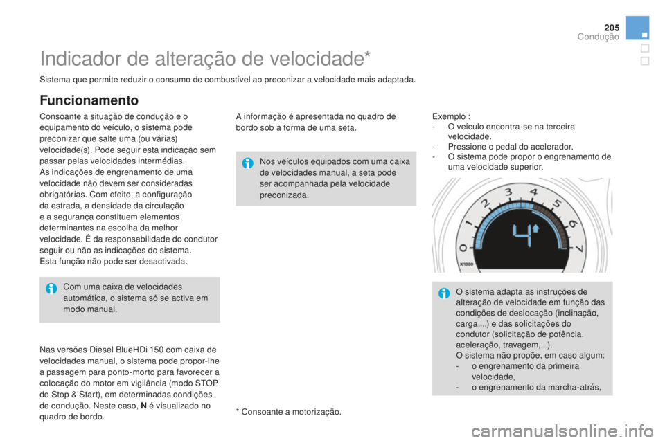 CITROEN DS4 2016 Manual do condutor (in Portuguese) 205
DS4_pt_Chap08_conduite_ed03-2015
Indicador de alteração de velocidade*
Nos veículos equipados com uma caixa
de velocidades manual, a seta pode
ser acompanhada pela velocidade
preconizada.
Co CITROEN DS4 2016 Manual do condutor (in Portuguese) 205
DS4_pt_Chap08_conduite_ed03-2015
Indicador de alteração de velocidade*
Nos veículos equipados com uma caixa
de velocidades manual, a seta pode
ser acompanhada pela velocidade
preconizada.
Co