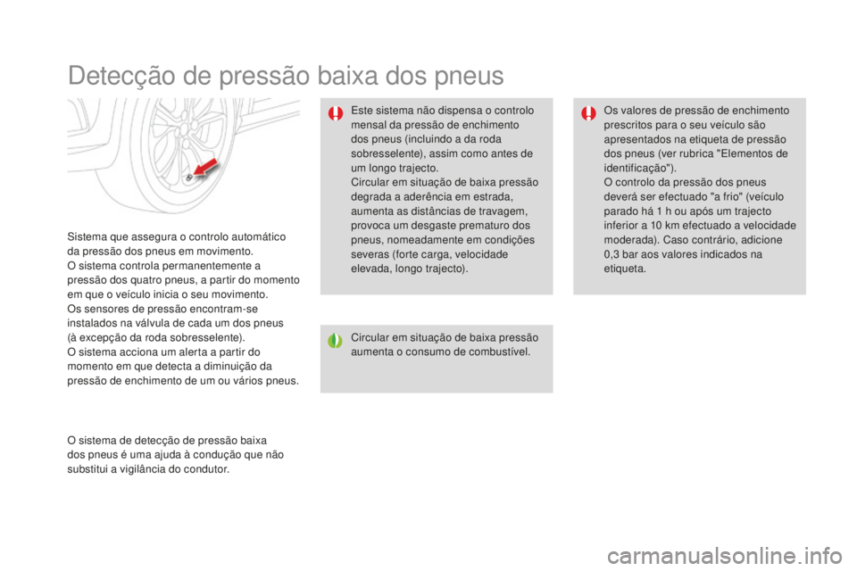 CITROEN DS4 2016 Manual do condutor (in Portuguese) DS4_pt_Chap08_conduite_ed03-2015
Detecção de pressão baixa dos pneus
Sistema que assegura o controlo automático
da pressão dos pneus em movimento.
O sistema controla permanentemente a
pressão CITROEN DS4 2016 Manual do condutor (in Portuguese) DS4_pt_Chap08_conduite_ed03-2015
Detecção de pressão baixa dos pneus
Sistema que assegura o controlo automático
da pressão dos pneus em movimento.
O sistema controla permanentemente a
pressão