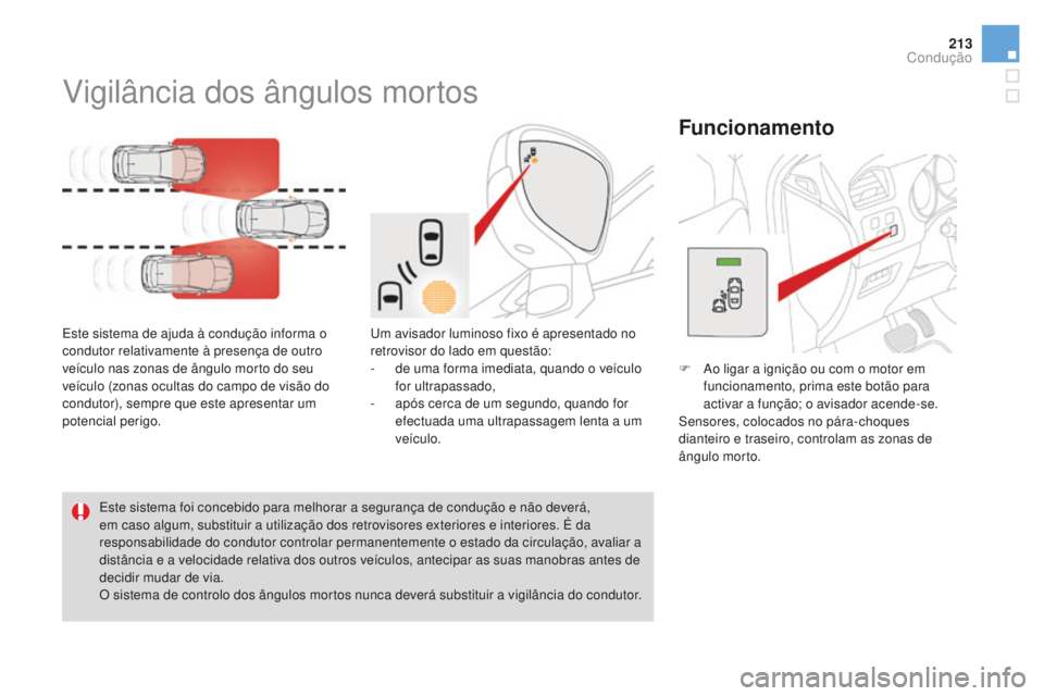 CITROEN DS4 2016 Manual do condutor (in Portuguese) 213
DS4_pt_Chap08_conduite_ed03-2015
Vigilância dos ângulos mortos
Este sistema de ajuda à condução informa o
condutor relativamente à presença de outro
veículo nas zonas de ângulo morto do CITROEN DS4 2016 Manual do condutor (in Portuguese) 213
DS4_pt_Chap08_conduite_ed03-2015
Vigilância dos ângulos mortos
Este sistema de ajuda à condução informa o
condutor relativamente à presença de outro
veículo nas zonas de ângulo morto do