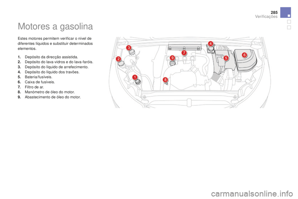 CITROEN DS4 2016 Manual do condutor (in Portuguese) 285
DS4_pt_Chap10_verifications_ed03-2015
Motores a gasolina
Estes motores permitem verificar o nível de
diferentes líquidos e substituir determinados
elementos.
1.
D
epósito da direcção assis CITROEN DS4 2016 Manual do condutor (in Portuguese) 285
DS4_pt_Chap10_verifications_ed03-2015
Motores a gasolina
Estes motores permitem verificar o nível de
diferentes líquidos e substituir determinados
elementos.
1.
D
epósito da direcção assis