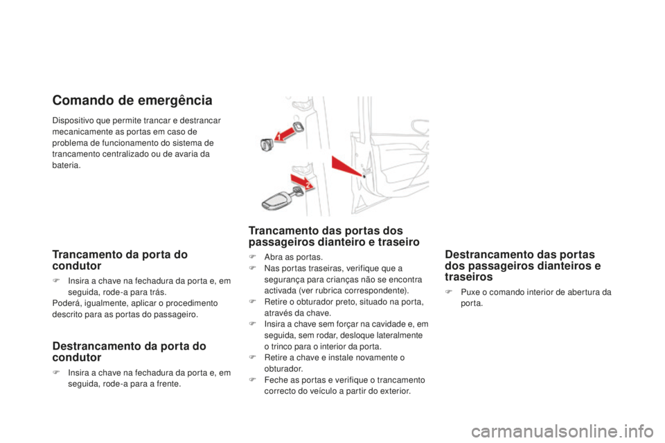 CITROEN DS4 2016  Manual do condutor (in Portuguese) DS4_pt_Chap02_ouvertures_ed03-2015
Dispositivo que permite trancar e destrancar 
mecanicamente as portas em caso de 
problema de funcionamento do sistema de 
trancamento centralizado ou de avaria da 
