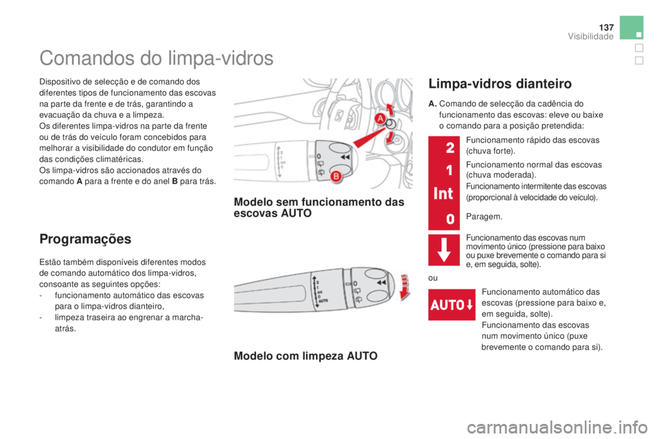 CITROEN DS4 2015  Manual do condutor (in Portuguese) 137
DS4_pt_Chap05_visibilite_ed02-2015
Dispositivo de selecção e de comando dos 
diferentes tipos de funcionamento das escovas 
na parte da frente e de trás, garantindo a 
evacuação da chuva e a 