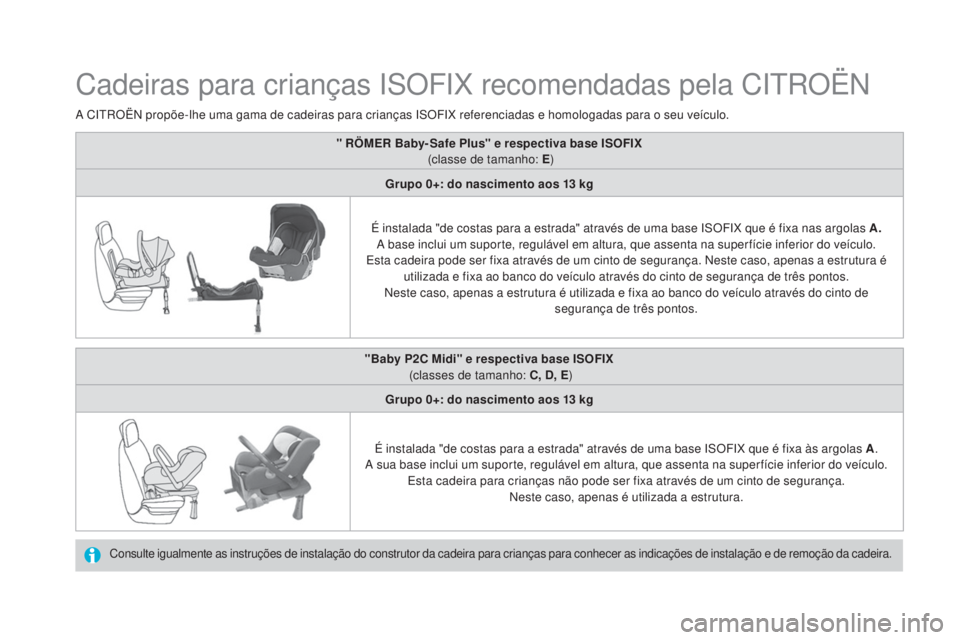 CITROEN DS4 2015 Manual do condutor (in Portuguese) DS4_pt_Chap06_securite-enfants_ed02-2015
Cadeiras para crianças ISOFIX recomendadas pela CITROËN
Consulte igualmente as instruções de instalação do construtor da cadeira para crianças para conh CITROEN DS4 2015 Manual do condutor (in Portuguese) DS4_pt_Chap06_securite-enfants_ed02-2015
Cadeiras para crianças ISOFIX recomendadas pela CITROËN
Consulte igualmente as instruções de instalação do construtor da cadeira para crianças para conh