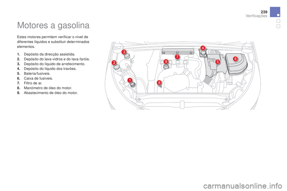 CITROEN DS4 2015 Manual do condutor (in Portuguese) 239
DS4_pt_Chap09_verifications_ed02-2015
Motores a gasolina
Estes motores permitem verificar o nível de
diferentes líquidos e substituir determinados
elementos.
1.
D
epósito da direcção assis CITROEN DS4 2015 Manual do condutor (in Portuguese) 239
DS4_pt_Chap09_verifications_ed02-2015
Motores a gasolina
Estes motores permitem verificar o nível de
diferentes líquidos e substituir determinados
elementos.
1.
D
epósito da direcção assis