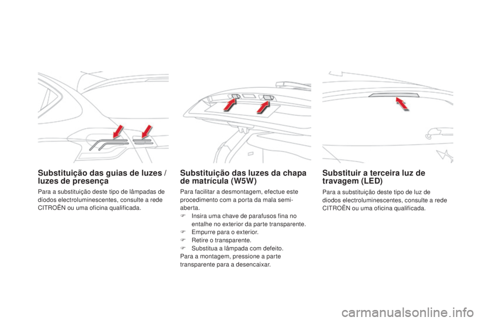 CITROEN DS4 2015 Manual do condutor (in Portuguese) DS4_pt_Chap10_info-pratiques_ed02-2015
Substituição das guias de luzes /
luzes de presençaSubstituição das luzes da chapa
de matrícula (W5W)Substituir a terceira luz de
travagem (LED)
Para a CITROEN DS4 2015 Manual do condutor (in Portuguese) DS4_pt_Chap10_info-pratiques_ed02-2015
Substituição das guias de luzes /
luzes de presençaSubstituição das luzes da chapa
de matrícula (W5W)Substituir a terceira luz de
travagem (LED)
Para a