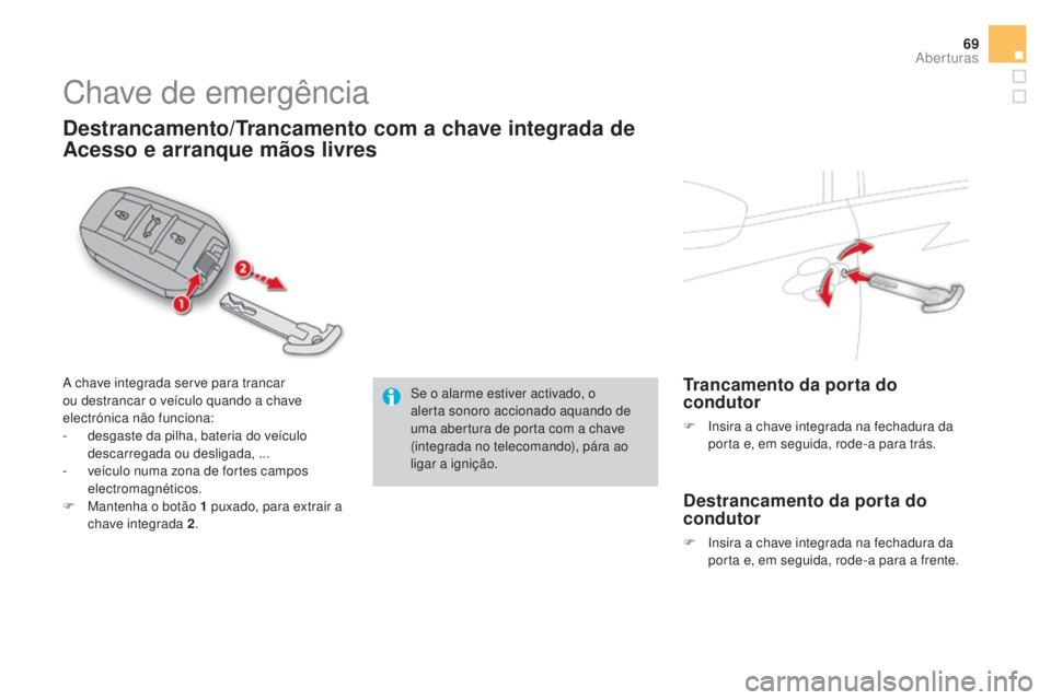 CITROEN DS4 2015 Manual do condutor (in Portuguese) 69
DS4_pt_Chap02_ouvertures_ed02-2015
Chave de emergência
Destrancamento/Trancamento com a chave integrada de
Acesso e arranque mãos livres
A chave integrada serve para trancar
ou destrancar o ve CITROEN DS4 2015 Manual do condutor (in Portuguese) 69
DS4_pt_Chap02_ouvertures_ed02-2015
Chave de emergência
Destrancamento/Trancamento com a chave integrada de
Acesso e arranque mãos livres
A chave integrada serve para trancar
ou destrancar o ve