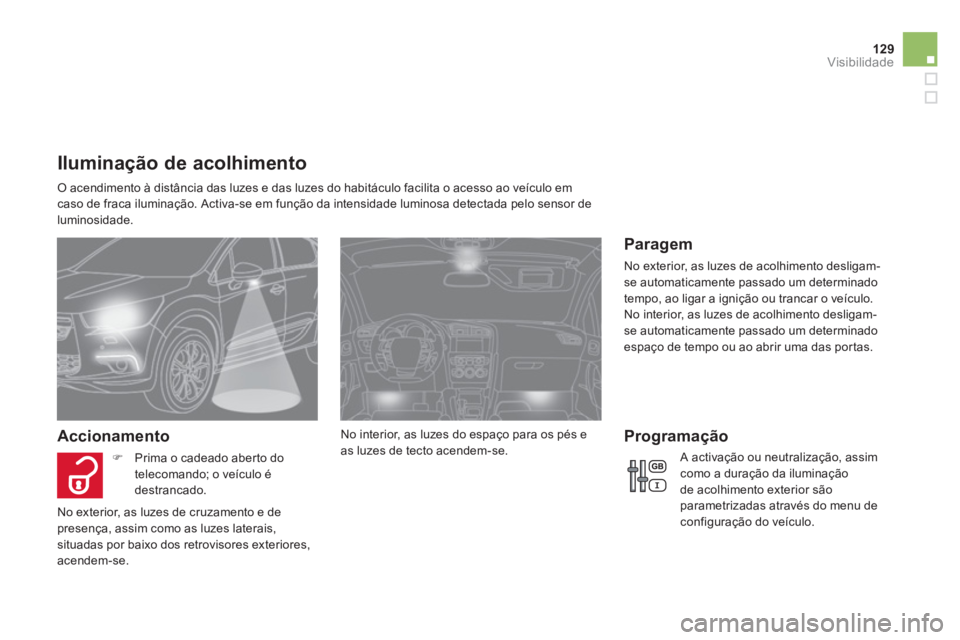 CITROEN DS4 2014  Manual do condutor (in Portuguese) 129Visibilidade
   
 
 
 
 
 
 
 
 
 
 
 
Iluminação de acolhimento 
 
O acendimento à distância das luzes e das luzes do habitáculo facilita o acesso ao veículo em 
caso de fraca iluminação. 