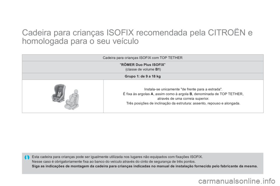 CITROEN DS4 2014 Manual do condutor (in Portuguese)
Cadeira para crianças ISOFIX recomendada pela CITROËN e
homologada para o seu veículo
Esta cadeira para crianças pode ser igualmente utilizada nos lugares não e CITROEN DS4 2014 Manual do condutor (in Portuguese)
Cadeira para crianças ISOFIX recomendada pela CITROËN e
homologada para o seu veículo
Esta cadeira para crianças pode ser igualmente utilizada nos lugares não e