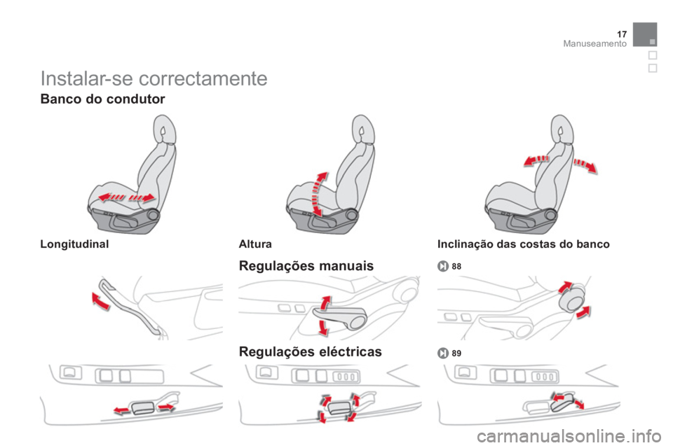 CITROEN DS4 2014  Manual do condutor (in Portuguese) 17Manuseamento
  Instalar-se correctamente 
 
 
Regulações manuais  
 
88 
 
 
 
 
Banco do condutor 
 
 
Longitudinal    
Altura  
 
 
 
Regulações eléctricas 
 
 
Inclinação das costas do ban