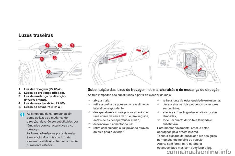 CITROEN DS4 2014  Manual do condutor (in Portuguese)    
 
1. 
  Luz de travagem (P21/5W). 
 
   
2. 
  Luzes de presença (díodos). 
 
   
3. 
  Luz de mudança de direcção 
(PY21W âmbar). 
 
   
4. 
  Luz de marcha-atrás (P21W). 
 
   
5. 
  Luze