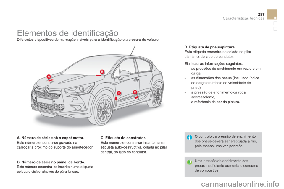 CITROEN DS4 2014  Manual do condutor (in Portuguese) 297Características técnicas
   
 
 
 
 
 
 
 
 
 
 
 
 
 
 
 
 
Elementos de identiﬁ cação  
Diferentes dispositivos de marcação visíveis para a identificação e a procura do veículo. 
   
