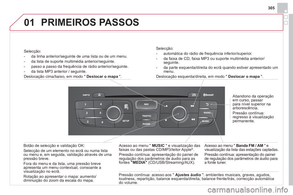 CITROEN DS4 2014  Manual do condutor (in Portuguese) 01
305
   
Selecção: 
   
 
-   automática do rádio de frequência inferior/superior. 
   
-   da faixa de CD, faixa MP3 ou suporte multimédia anterior/
seguinte. 
   
-   da parte esquerda/direi