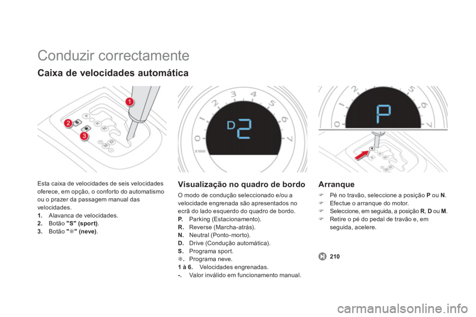 CITROEN DS4 2014  Manual do condutor (in Portuguese)   Conduzir correctamente 
 
 
Caixa de velocidades automática 
 
Esta caixa de velocidades de seis velocidades 
oferece, em opção, o conforto do automatismo 
ou o prazer da passagem manual das 
vel