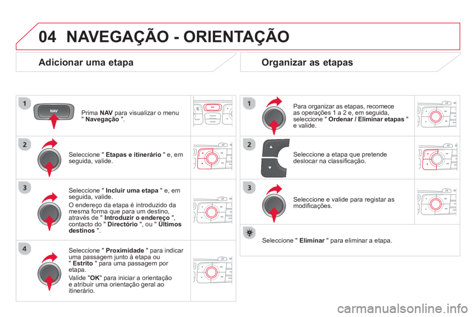 CITROEN DS4 2014  Manual do condutor (in Portuguese) 04  NAVEGAÇÃO - ORIENTAÇÃO 
 
 
Adicionar uma etapa 
 
 
Prima  NAV 
 para visualizar o menu 
"  Navegação 
 ".  
   
Seleccione "  Etapas e itinerário 
 " e, em 
seguida, valide.  
   
Selecci