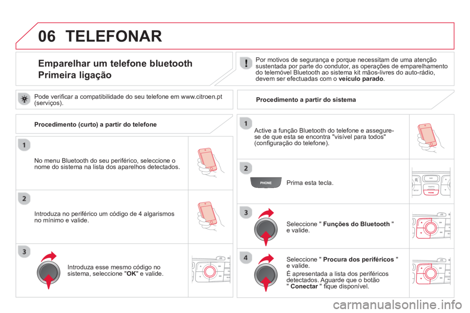 CITROEN DS4 2014 Manual do condutor (in Portuguese) 06
Emparelhar um telefone bluetooth
Primeira ligação
Por motivos de segurança e porque necessitam de uma atenção
sustentada por parte do condutor, as opera CITROEN DS4 2014 Manual do condutor (in Portuguese) 06
Emparelhar um telefone bluetooth
Primeira ligação
Por motivos de segurança e porque necessitam de uma atenção
sustentada por parte do condutor, as opera